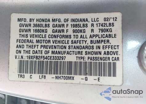 2012 Honda Civic Lx from USA, damaged, VIN 19XFB2F54CE333297